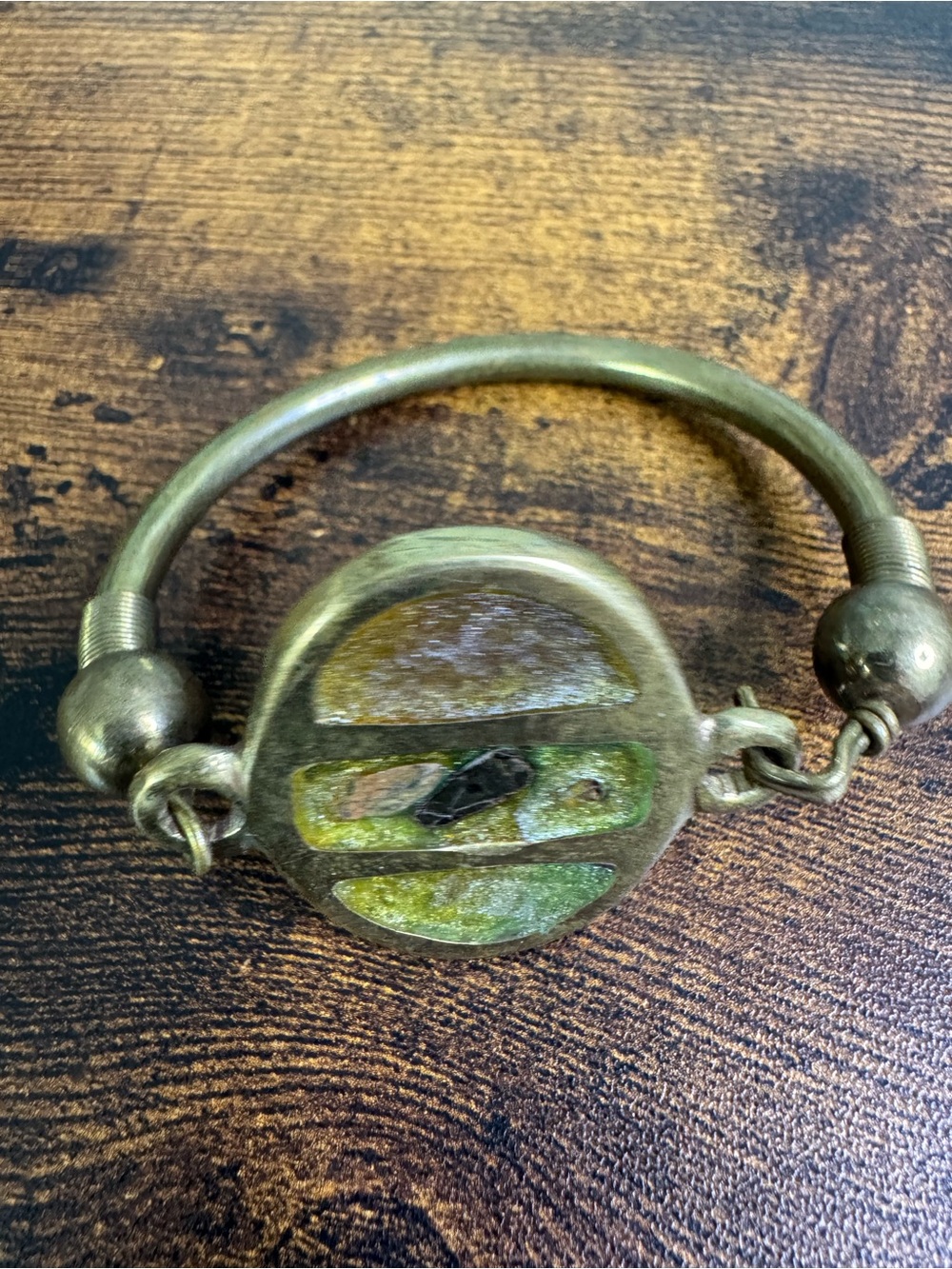 Hand Crafted Brass Bracelet with Green and Gold Inlay - Modernist - Picture 2 of 10